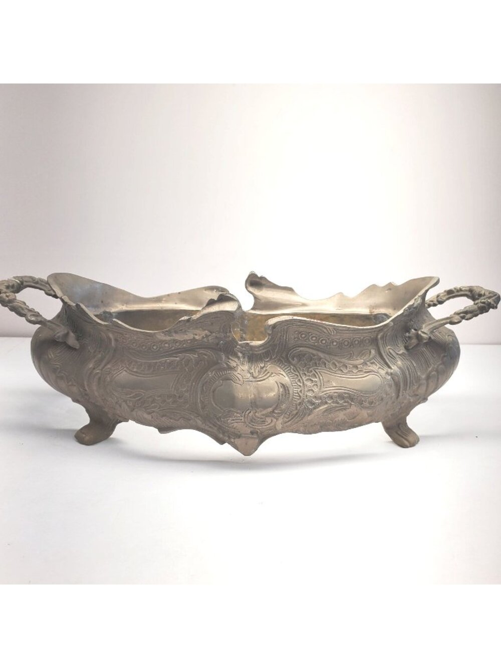 Vintage French Jardiniere Large Silver-toned Brass Footed with Handles Planter